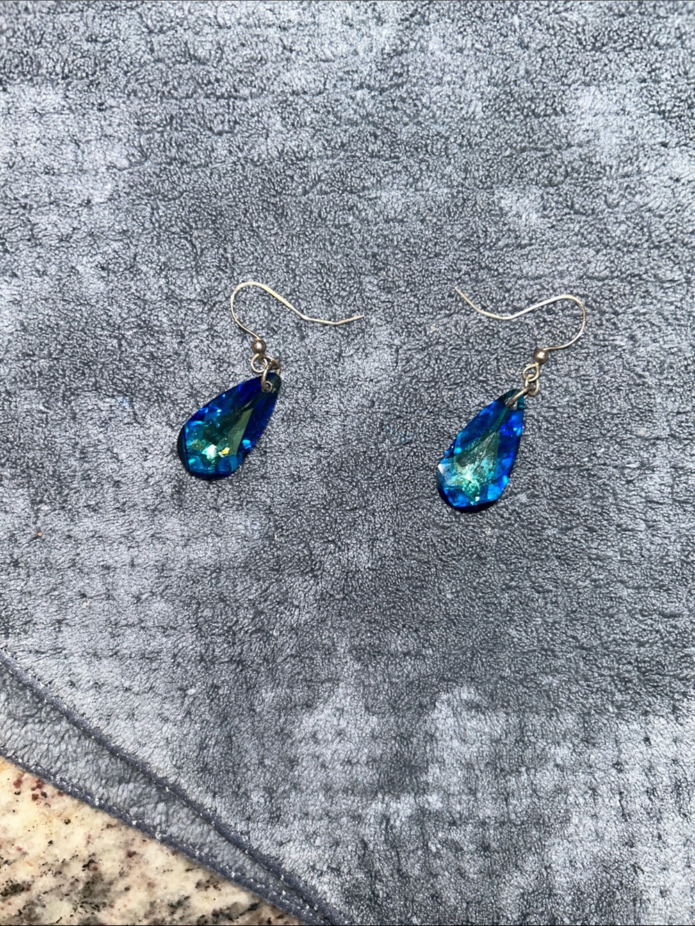 Iridescent teal & Blue Teardrop Crystal Dangle Earrings - silver